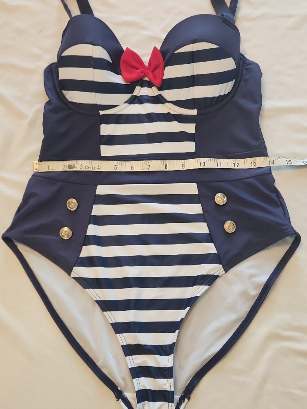 ⚓️ Navy & White Striped Nautical Swimsuit with Red Bow SZ 8 Collectif - Picture 5 of 13